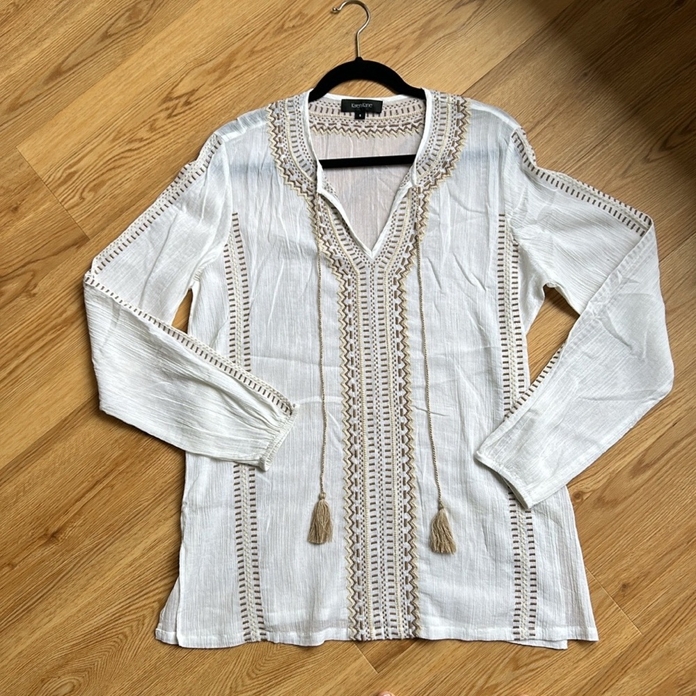 Karen Kane Sheer Tribal Print Neutral Top
